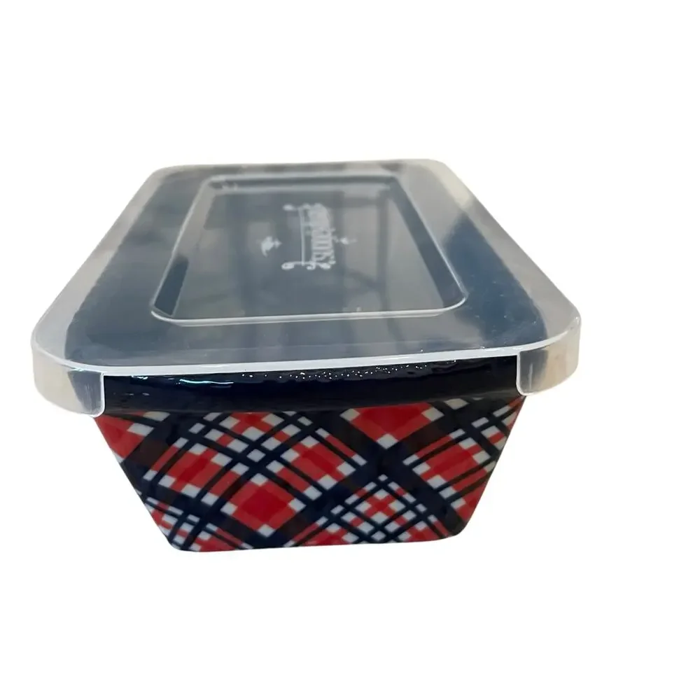 Temptations by Tara Mini Ceramic Loaf Pan w/ Lid 12oz Holiday Plaid Bakeware NEW